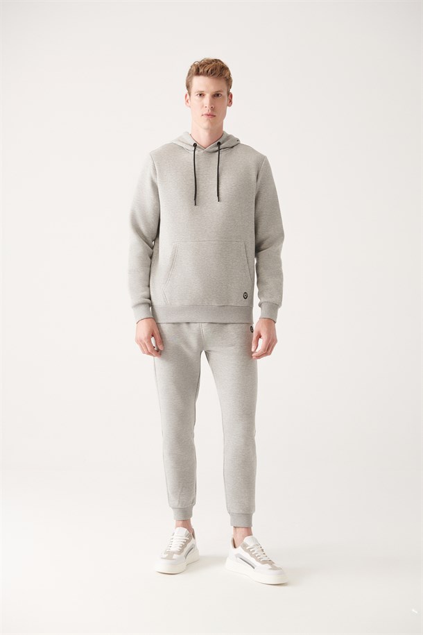 Gri Kapüşonlu Yaka Şardonlu 3 İplik Pamuklu Sweatshirt