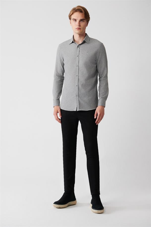 Gri Klasik Yaka Armürlü Flanel Slim Fit Gömlek