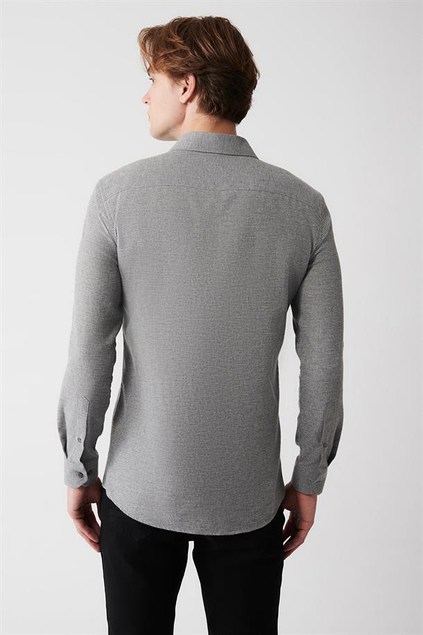 Gri Klasik Yaka Armürlü Flanel Slim Fit Gömlek