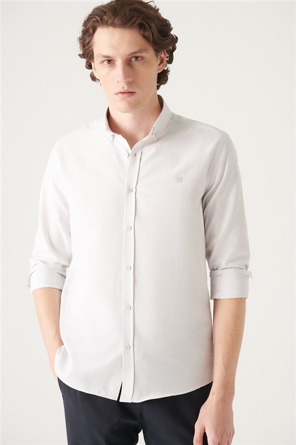Gri Oxford Düğmeli Yaka Regular Fit Gömlek