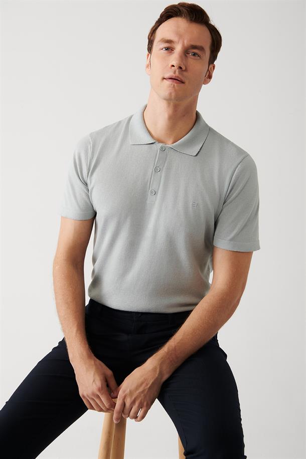 Gri Pamuklu Polo Yaka Regular Fit Standart Kesim İnce Triko T-Shirt