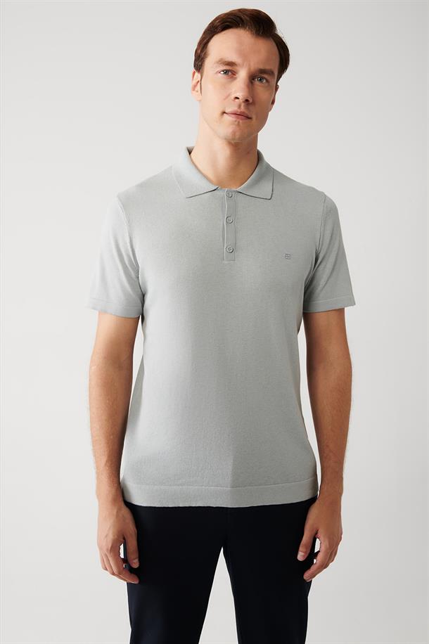 Gri Pamuklu Polo Yaka Regular Fit İnce Triko T-Shirt