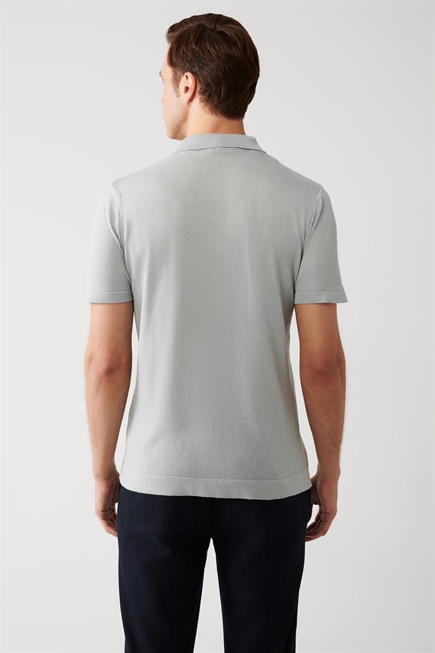 Gri Pamuklu Polo Yaka Regular Fit İnce Triko T-Shirt