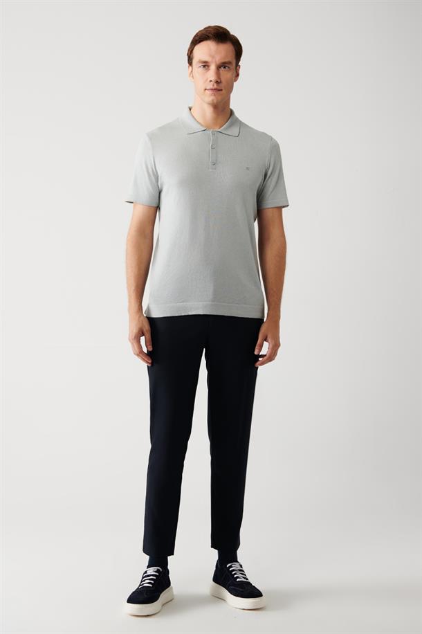 Gri Pamuklu Polo Yaka Regular Fit İnce Triko T-Shirt