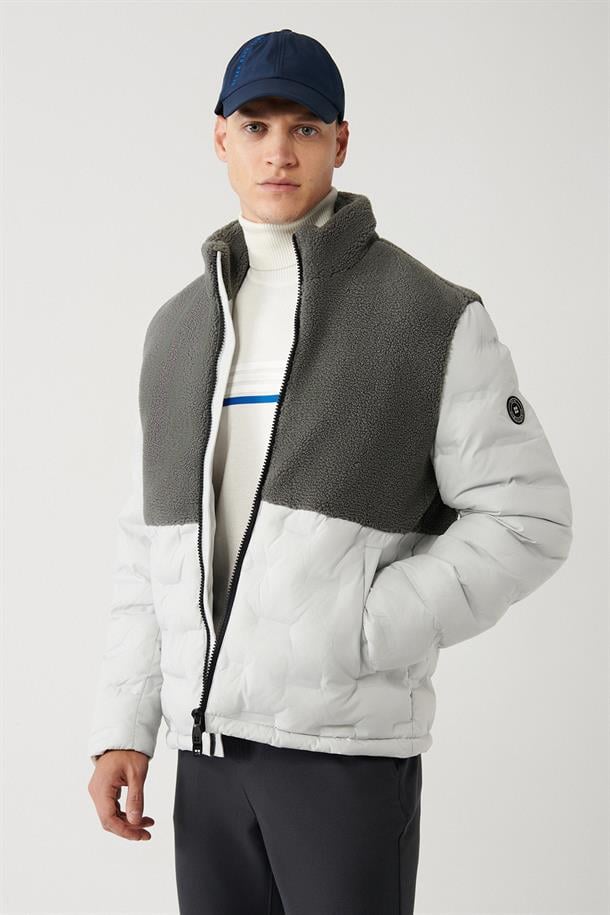 Gri Peluş Garnili Şişme Mont
