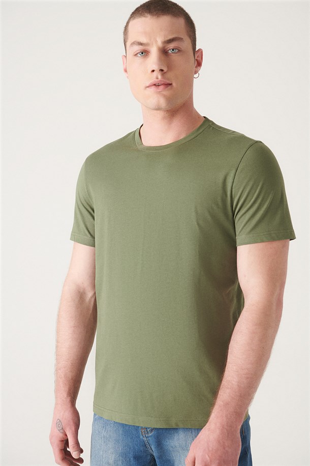 Haki Bisiklet Yaka Düz T-Shirt