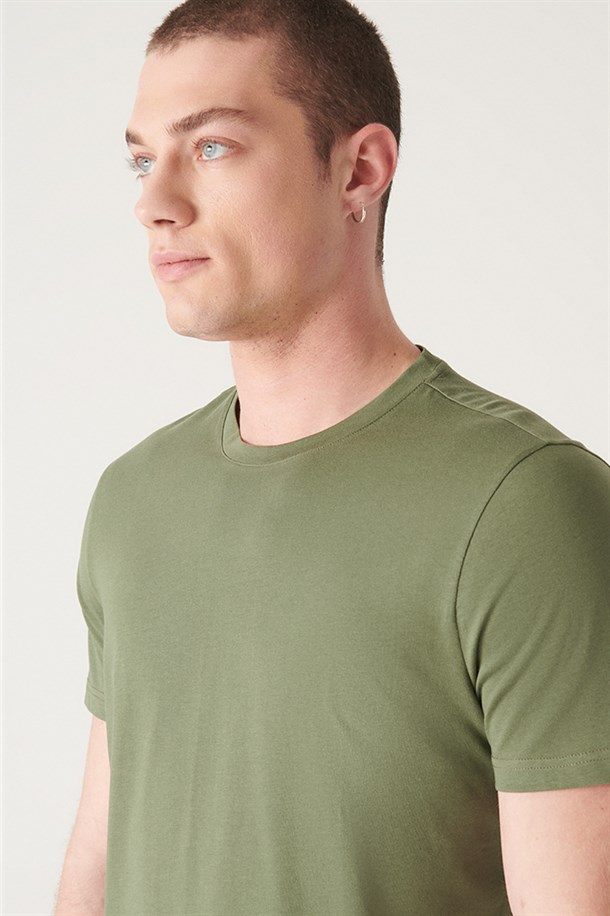 Haki Bisiklet Yaka Düz T-Shirt