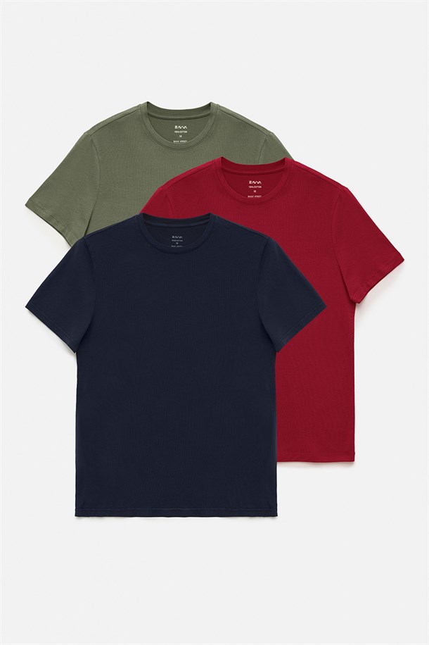 Haki-Bordo-Lacivert 3'lü Bisiklet Yaka Düz T-Shirt