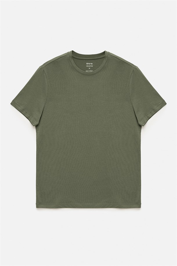 Haki-Bordo-Lacivert 3'lü Bisiklet Yaka Düz T-Shirt