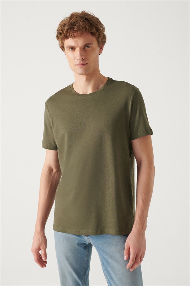 Haki-Bordo-Lacivert 3'lü Bisiklet Yaka Düz T-Shirt
