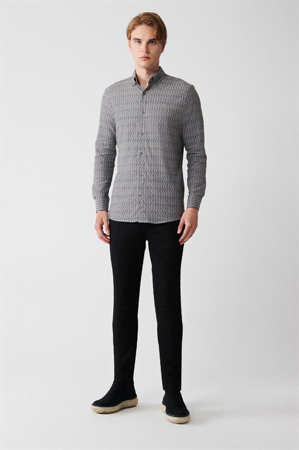 Haki Düğmeli Yaka Desenli Esnek Pamuklu Slim Fit Gömlek