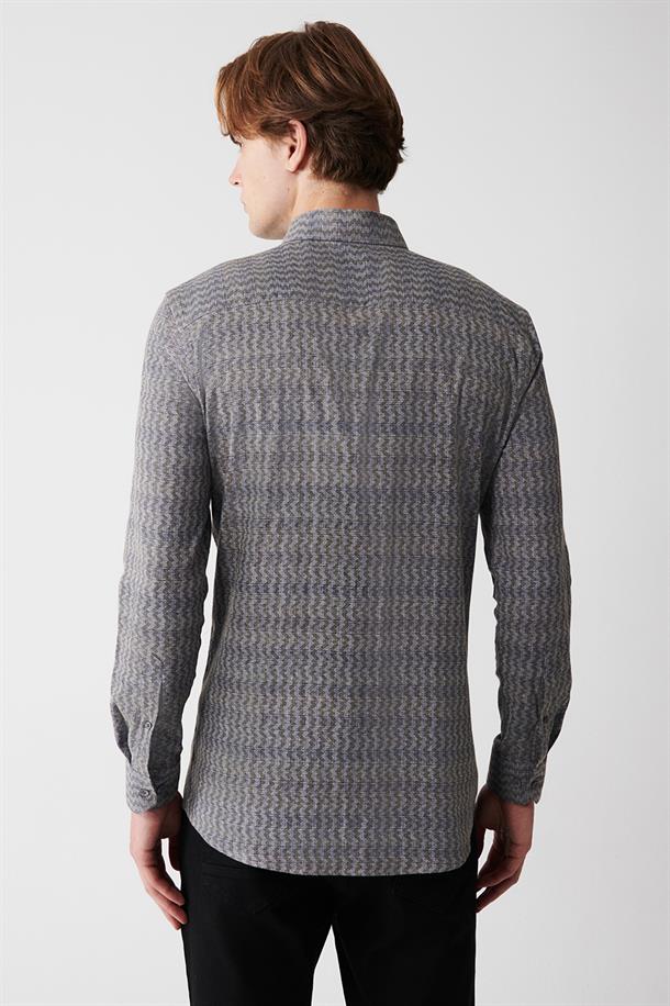 Haki Düğmeli Yaka Desenli Esnek Pamuklu Slim Fit Gömlek