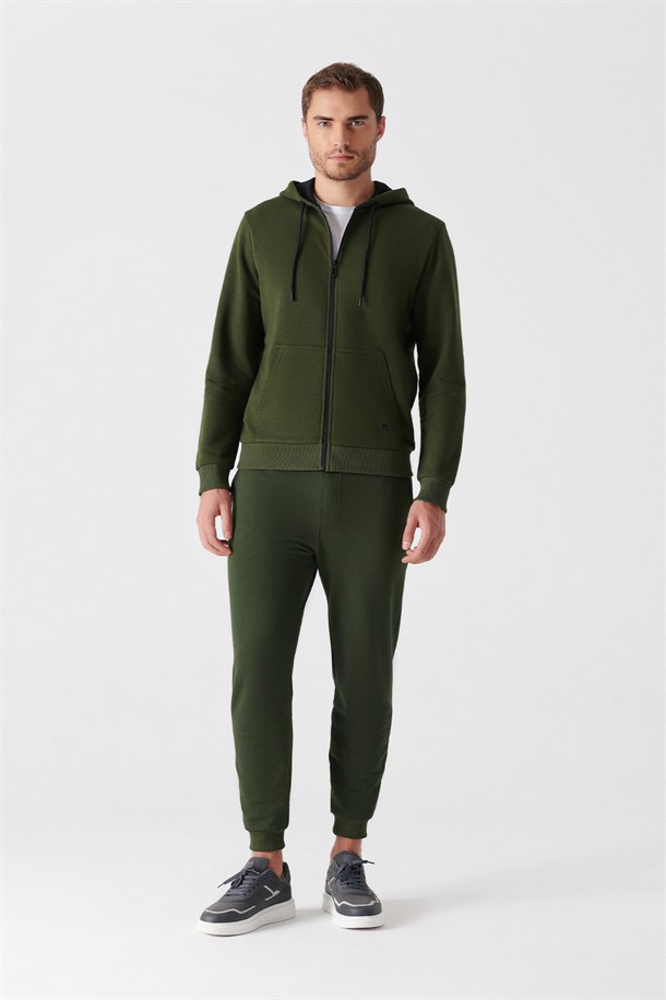Haki Fermuarlı Kapüşonlu Yaka Düz Sweatshirt