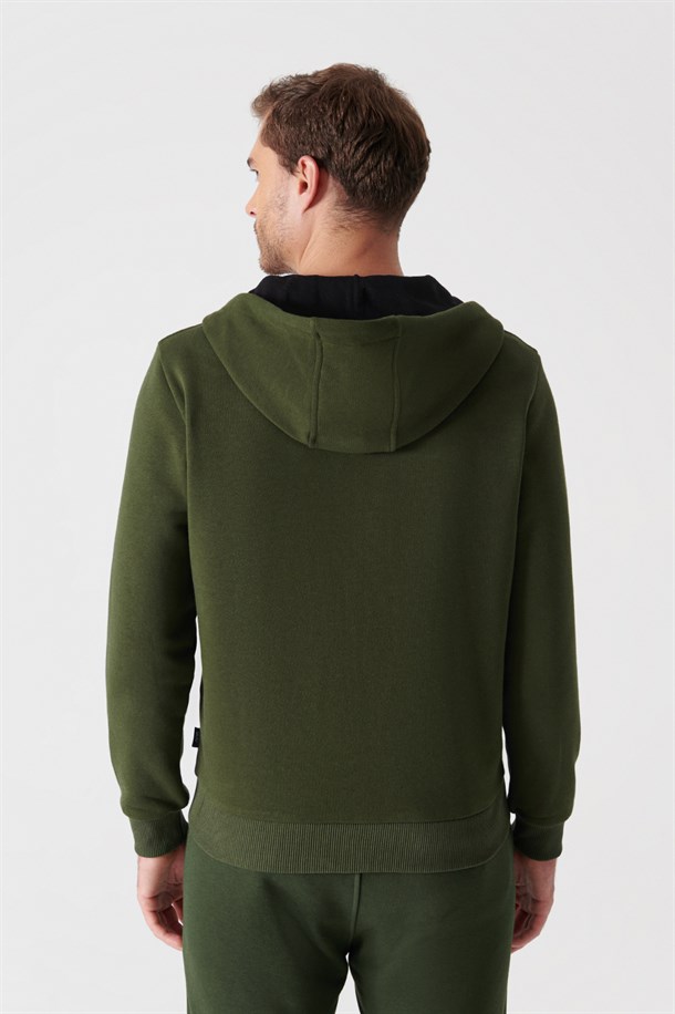 Haki Fermuarlı Kapüşonlu Yaka Düz Sweatshirt