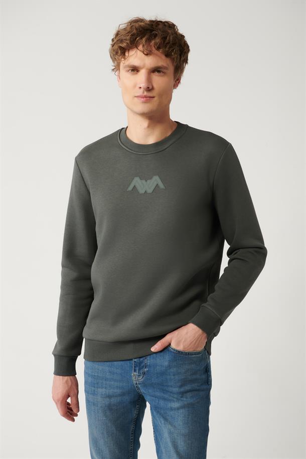 Haki Şardonlu Kumaş Bisiklet Yaka Enjeksiyon Baskılı Sweatshirt