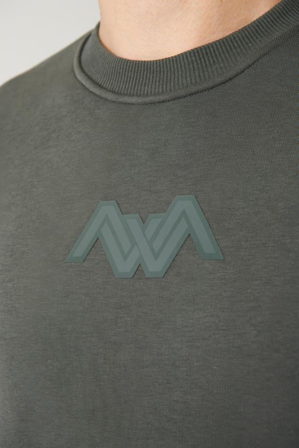 Haki Şardonlu Kumaş Bisiklet Yaka Enjeksiyon Baskılı Sweatshirt