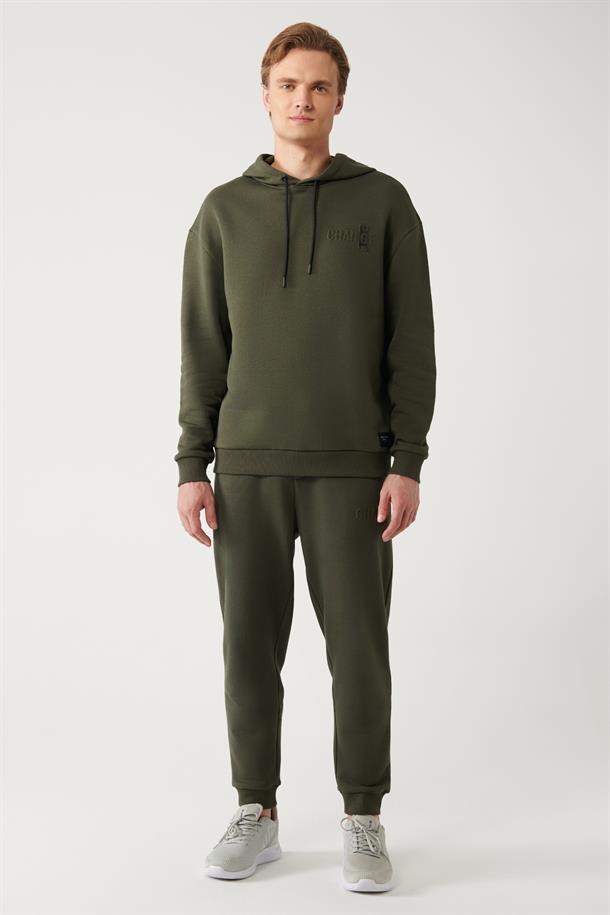 Haki Şardonlu Kumaş Kapüşonlu Yaka Gofre Baskılı Oversize Sweatshirt