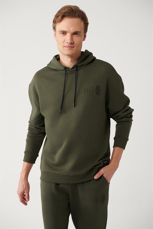 Haki Şardonlu Kumaş Kapüşonlu Yaka Gofre Baskılı Oversize Sweatshirt