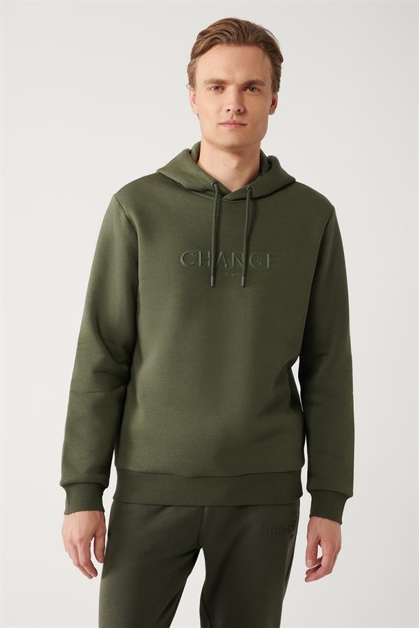 Haki Şardonlu Kumaş Kapüşonlu Yaka Piramit Baskılı Sweatshirt