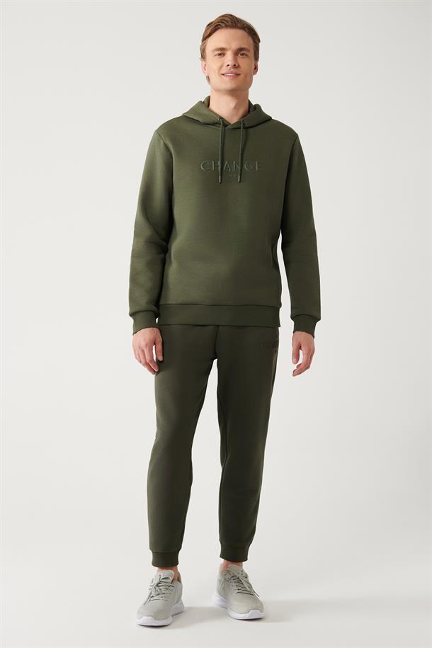 Haki Şardonlu Kumaş Kapüşonlu Yaka Piramit Baskılı Sweatshirt