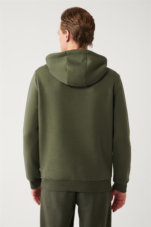 Haki Şardonlu Kumaş Kapüşonlu Yaka Piramit Baskılı Sweatshirt