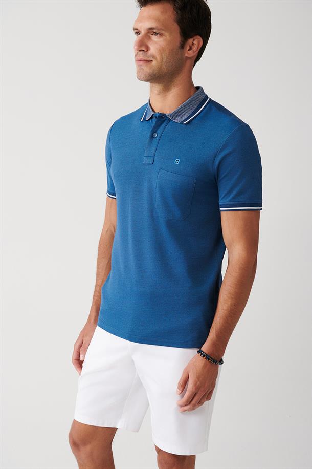 İndigo Enine Çizglili Cepli  Polo Yaka T-shirt