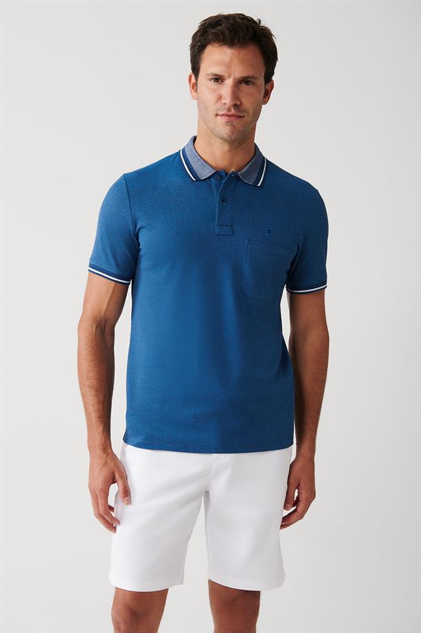 İndigo Enine Çizglili Cepli  Polo Yaka T-shirt