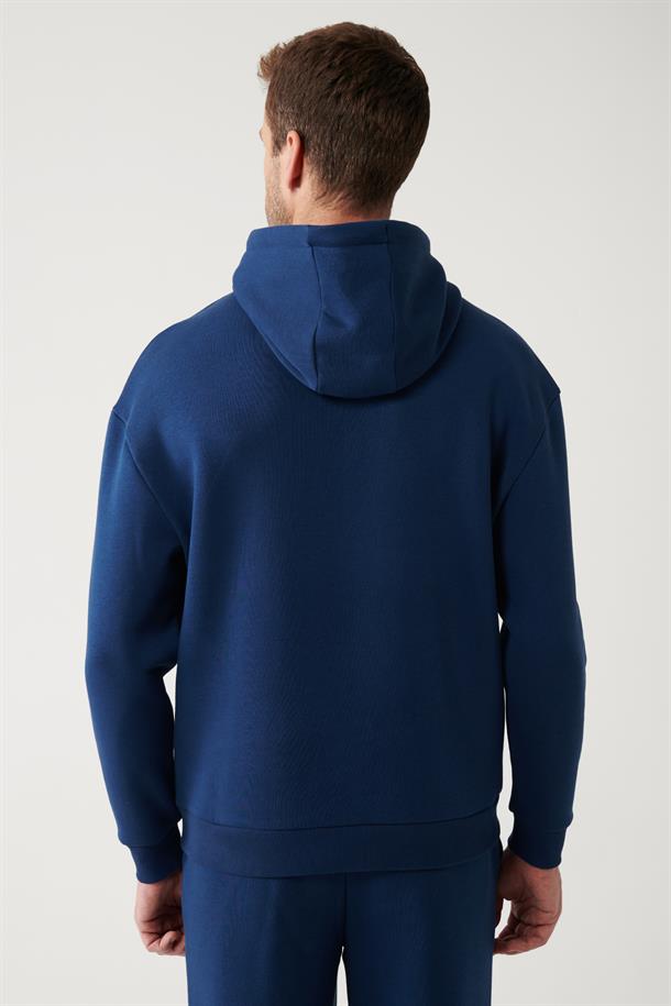 İndigo Kapüşonlu Yaka Gofre Baskılı Şardonlu 3 İplik Comfort Fit Rahat Kesim Sweatshirt