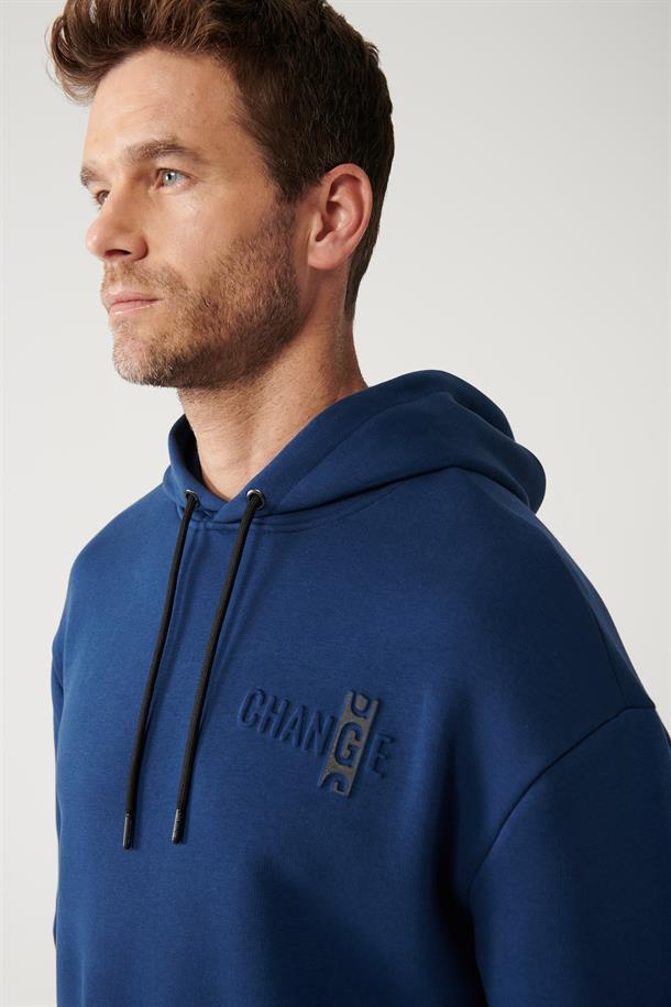 İndigo Kapüşonlu Yaka Gofre Baskılı Şardonlu 3 İplik Comfort Fit Rahat Kesim Sweatshirt