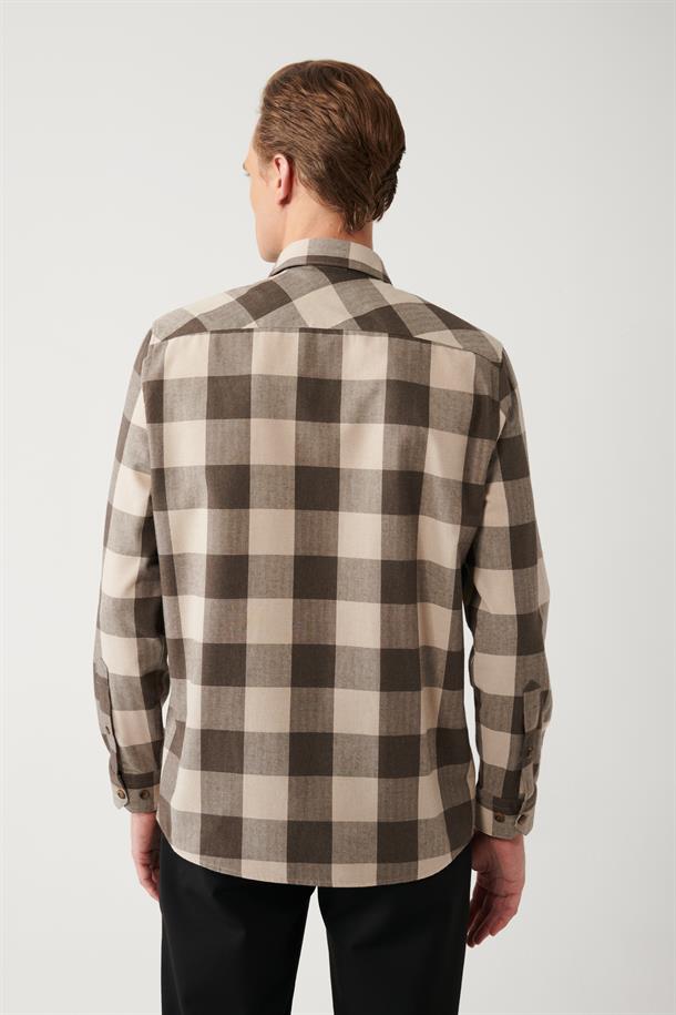 Kahve Klasik Yaka Ekose Desenli Flanel Comfort Fit Gömlek