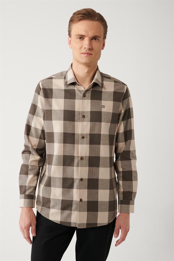 Kahve Klasik Yaka Ekose Desenli Flanel Comfort Fit Gömlek