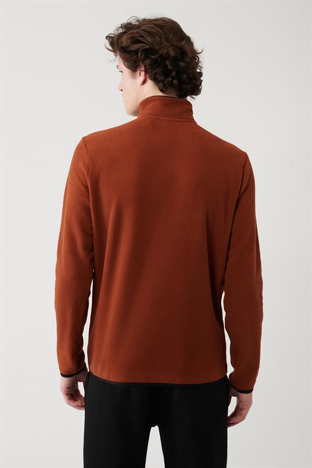 Kiremit Dik Yaka Soğuğa Dayanıklı Yarım Fermuarlı Regular Fit Standart Kesim Polar Sweatshirt