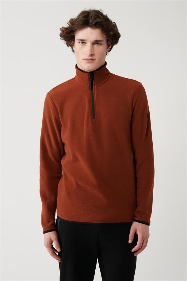 Kiremit Dik Yaka Soğuğa Dayanıklı Yarım Fermuarlı Regular Fit Standart Kesim Polar Sweatshirt