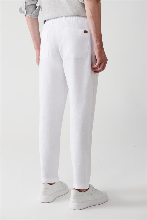 Kırık Beyaz %100 Keten Yandan Cepli Relaxed Fit Pantolon