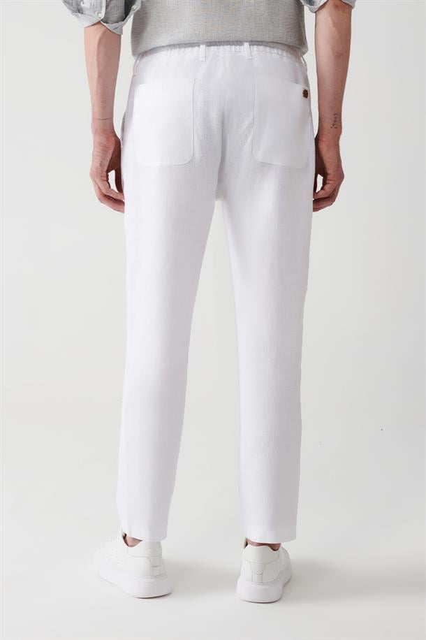 Kırık Beyaz %100 Keten Yandan Cepli Relaxed Fit Pantolon
