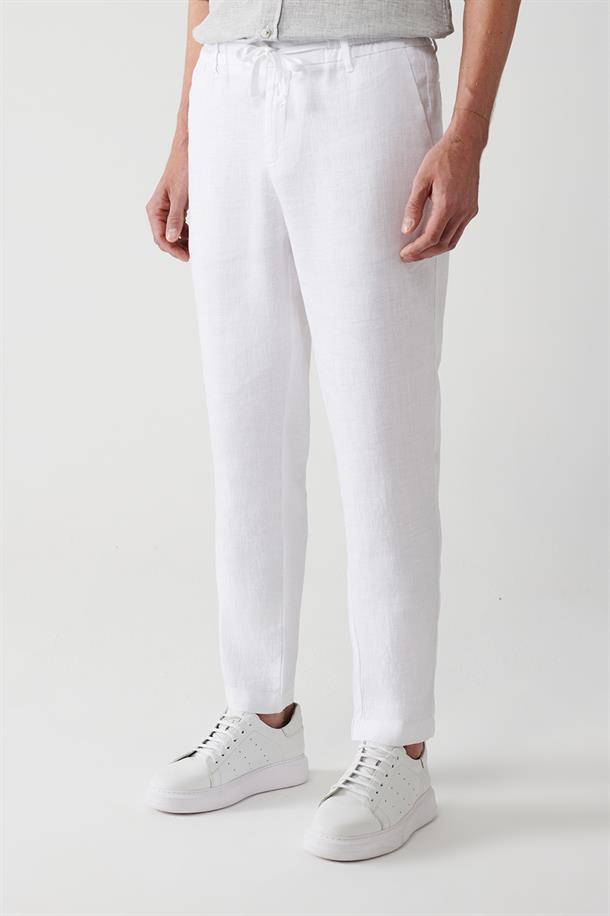 Kırık Beyaz %100 Keten Yandan Cepli Relaxed Fit Pantolon