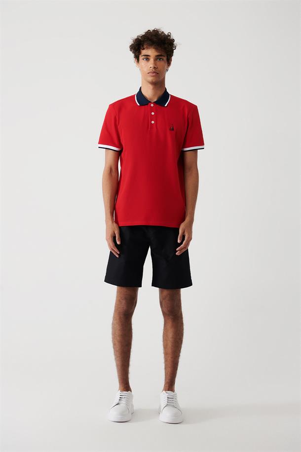Kırmızı %100 Pamuk Marine Baskılı Regular Fit Polo Yaka T-Shirt