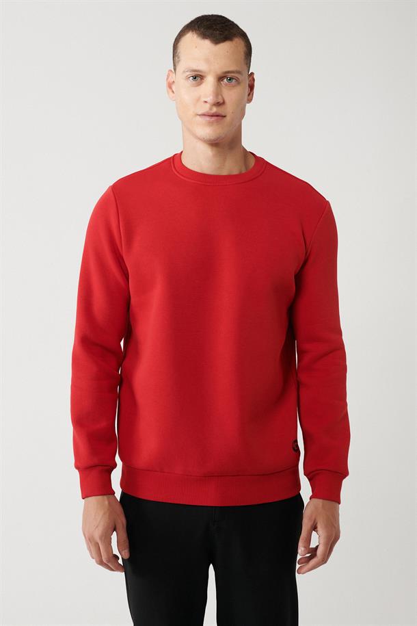 Kırmızı Bisiklet Yaka İçi Polarlı 3 İplik Pamuklu Regular Fit Standart Kesim Unisex Sweatshirt