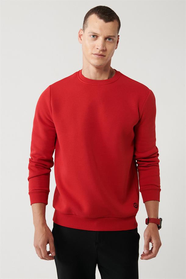 Kırmızı Bisiklet Yaka İçi Polarlı 3 İplik Pamuklu Regular Fit Standart Kesim Unisex Sweatshirt