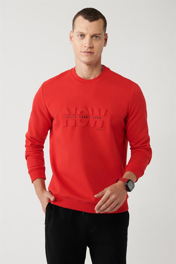 Kırmızı İnterlok Kumaş Bisiklet Yaka Gofre Baskılı Sweatshirt