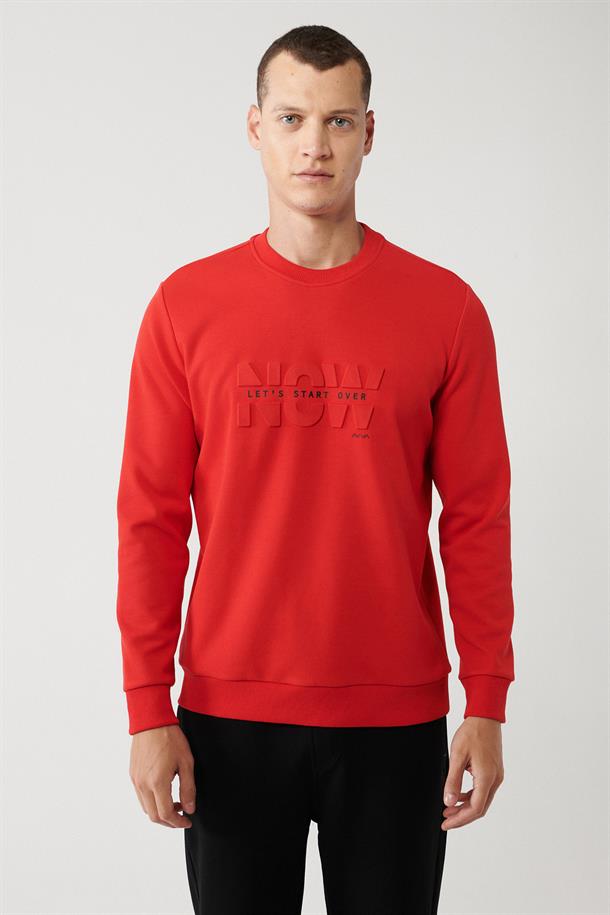 Kırmızı İnterlok Kumaş Bisiklet Yaka Gofre Baskılı Sweatshirt