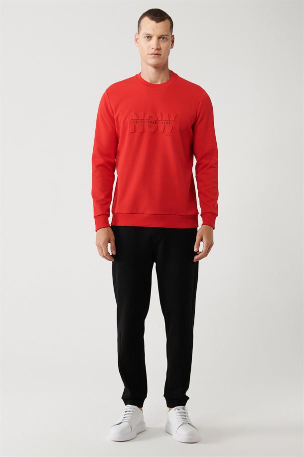 Kırmızı İnterlok Kumaş Bisiklet Yaka Gofre Baskılı Sweatshirt