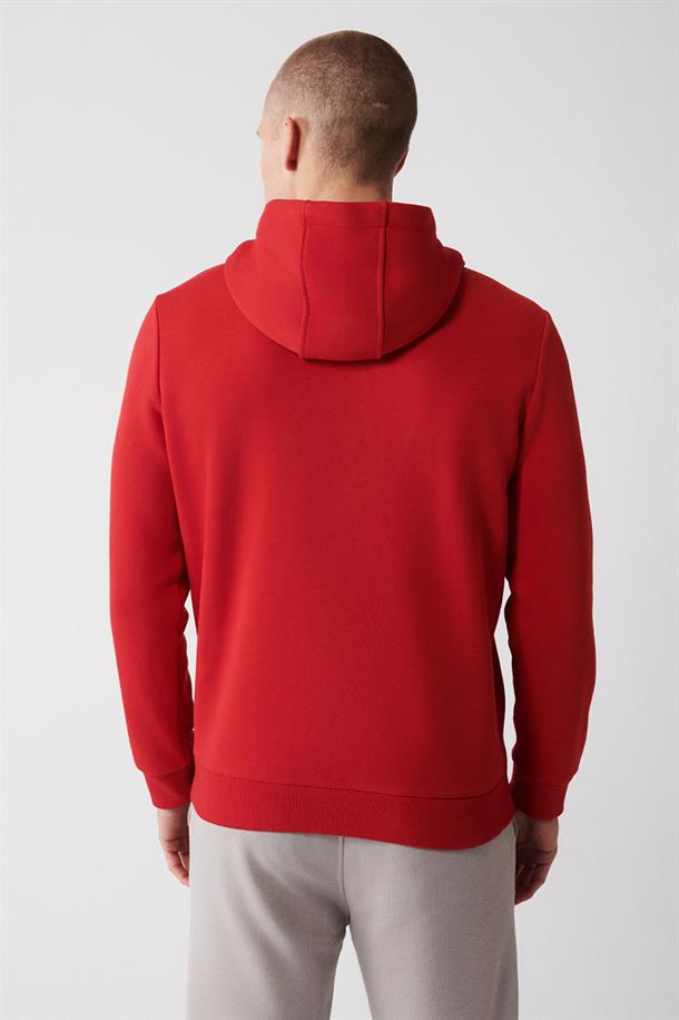 Kırmızı Kapüşonlu Yaka İçi Polarlı 3 İplik Pamuklu Regular Fit Standart Kesim Unisex Sweatshirt