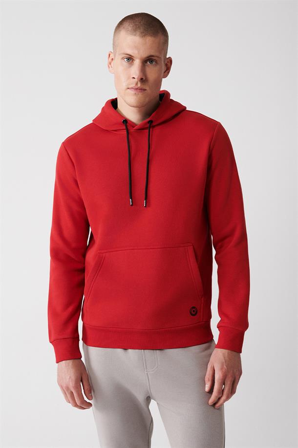 Kırmızı Kapüşonlu Yaka İçi Polarlı 3 İplik Pamuklu Regular Fit Standart Kesim Unisex Sweatshirt