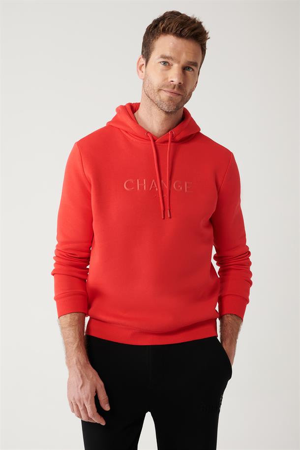 Kırmızı Şardonlu Kumaş Kapüşonlu Yaka Piramit Baskılı Sweatshirt