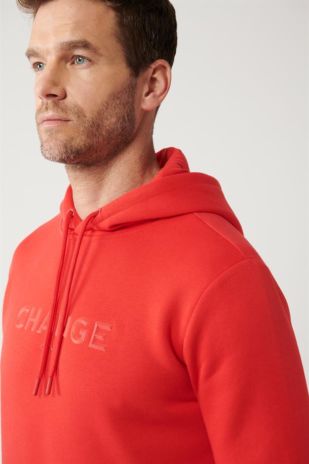 Kırmızı Şardonlu Kumaş Kapüşonlu Yaka Piramit Baskılı Sweatshirt