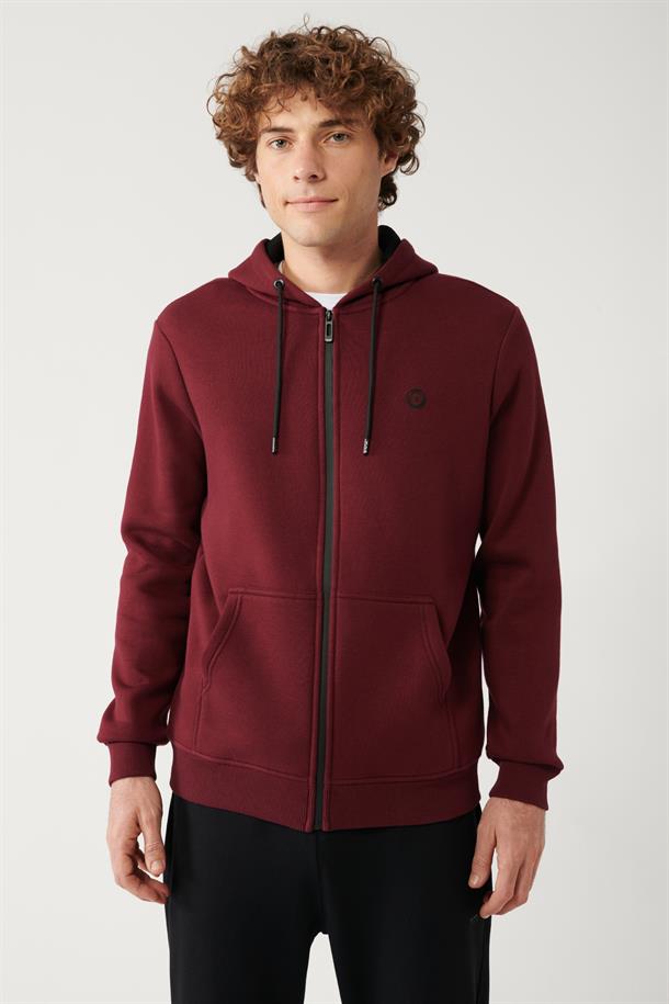 Koyu Bordo Kapüşonlu Yaka İçi Polarlı 3 İplik Fermuarlı Regular Fit Standart Kesim Unisex Sweatshirt
