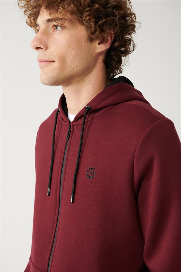 Koyu Bordo Kapüşonlu Yaka İçi Polarlı 3 İplik Fermuarlı Regular Fit Standart Kesim Unisex Sweatshirt
