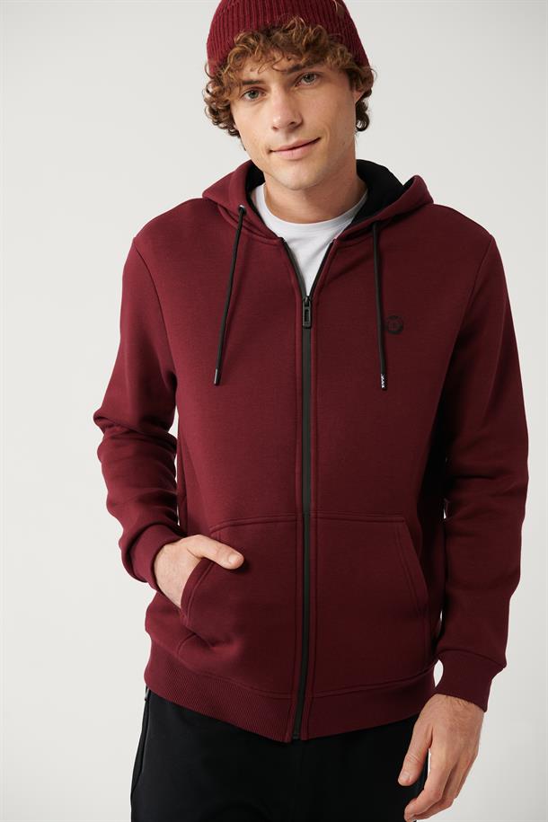 Koyu Bordo Kapüşonlu Yaka İçi Polarlı 3 İplik Fermuarlı Regular Fit Standart Kesim Unisex Sweatshirt