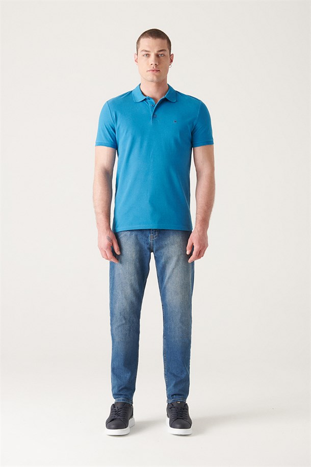 Koyu Mavi Polo Yaka Slim Fit %100 Pamuk Basic T-Shirt